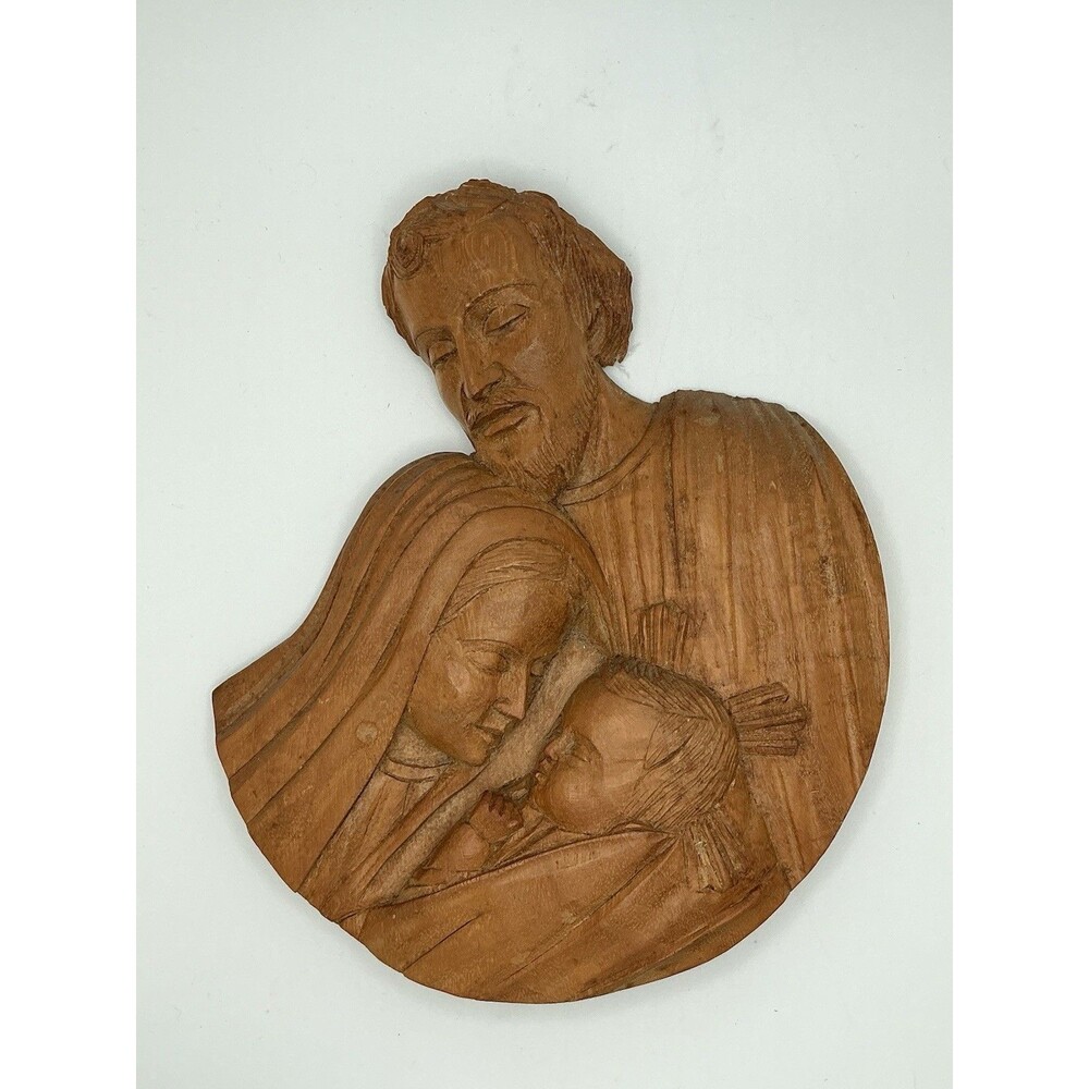 Vintage Hand Carved Wood Religious Jesus, Mary & Joseph Wall Plaque Sculpture